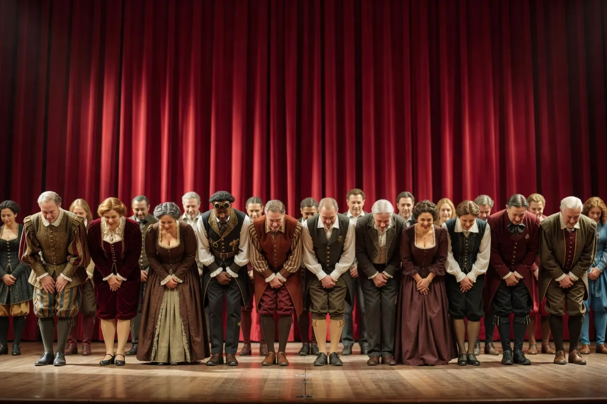 Comédiens en costumes saluant devant un rideau rouge sur une scène de théâtre