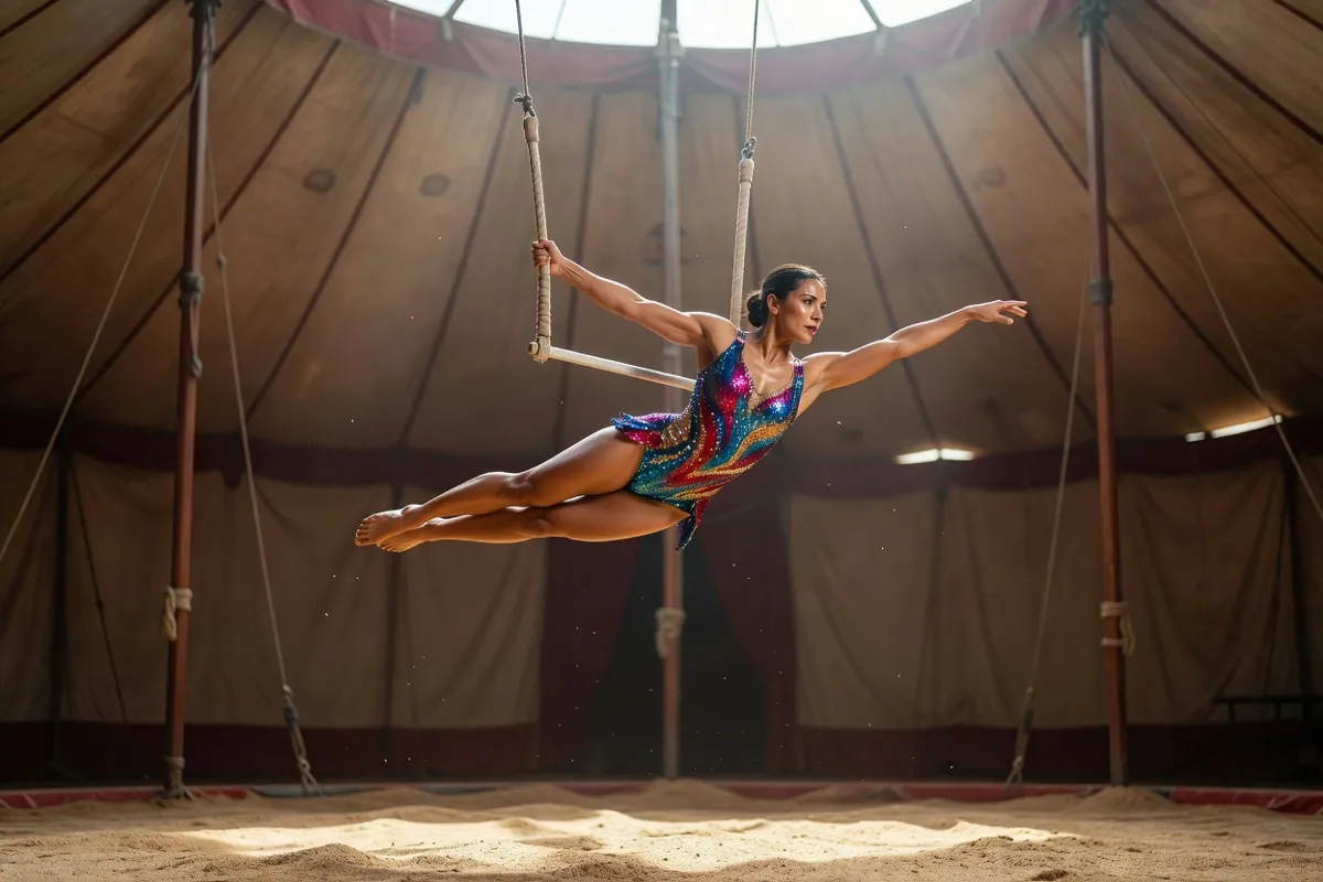 Acrobate en costume coloré sur un trapèze sous un chapiteau