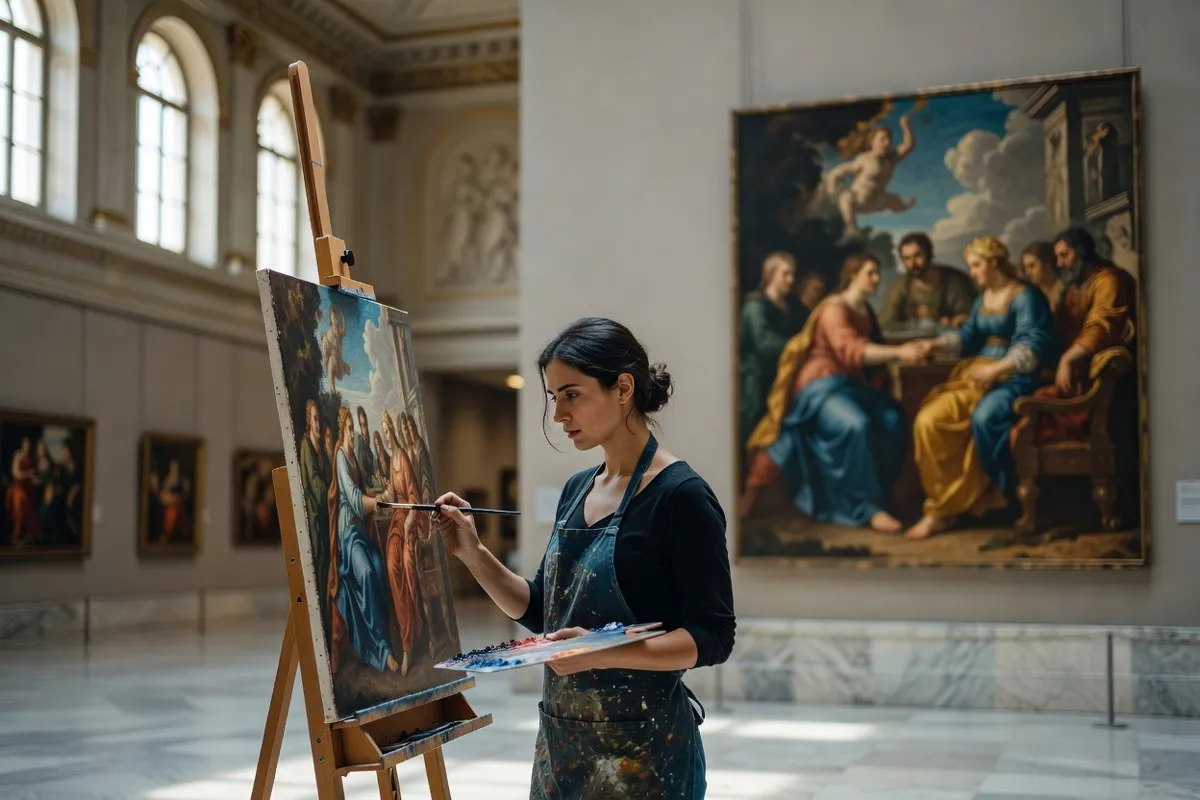 Étudiante en art copiant un tableau dans un musée devant son chevalet
