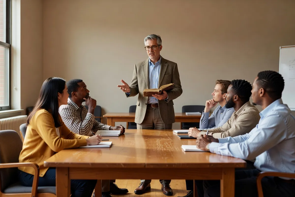 Professeur, livre en main, face à un petit groupe d'étudiants adultes en séminaire