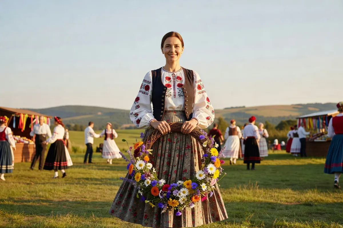 Femme en costume folklorique tenant une couronne de fleurs lors d'un festival d'été