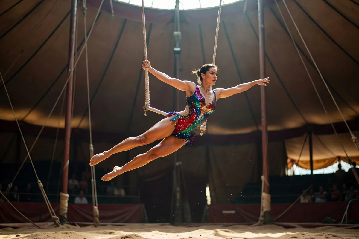 Acrobate en costume coloré sur un trapèze sous un chapiteau