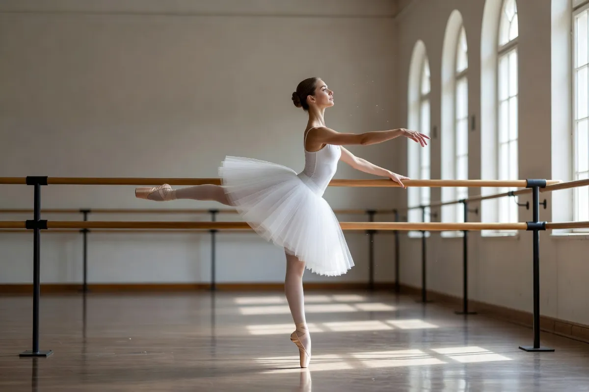 Danseuse en tutu blanc répétant à la barre dans un studio lumineux