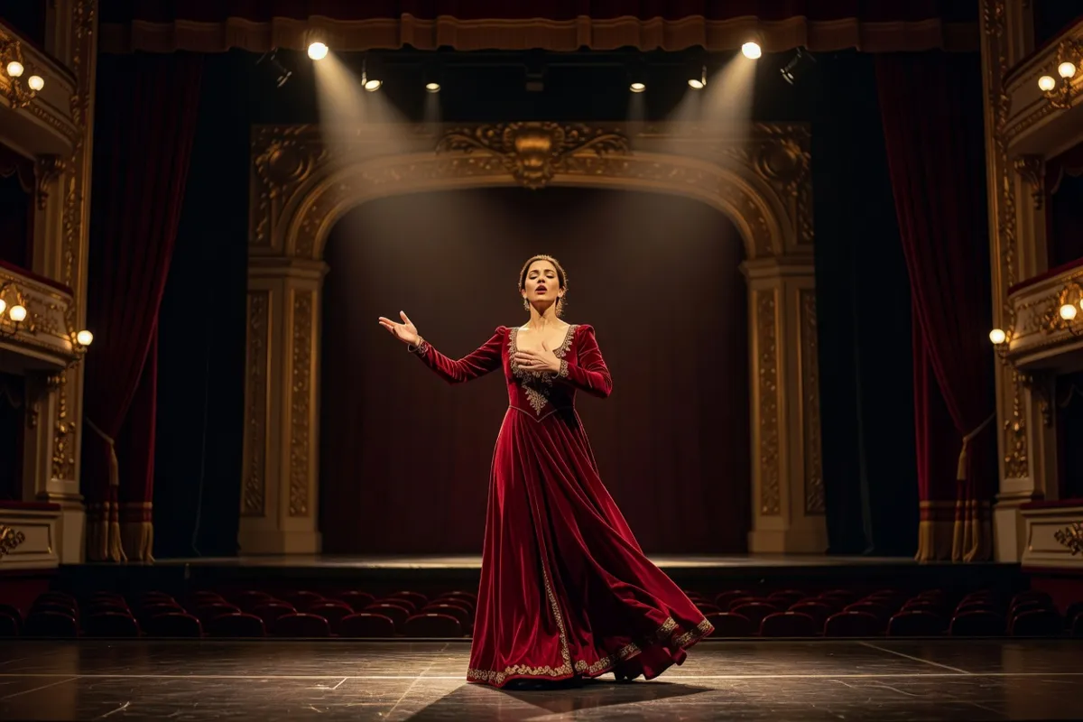 Chanteuse d'opéra en longue robe sur une scène sous des projecteurs chauds