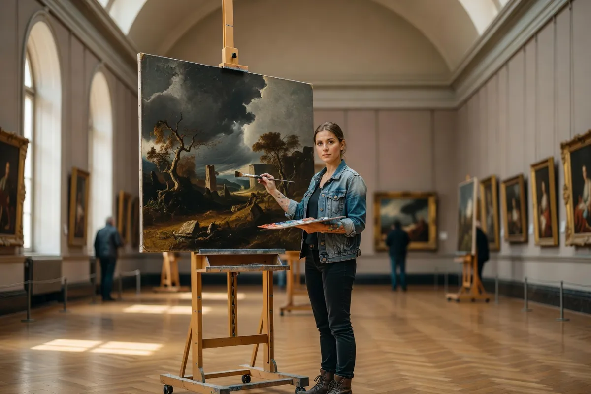 Étudiante en art copiant un tableau dans un musée devant son chevalet