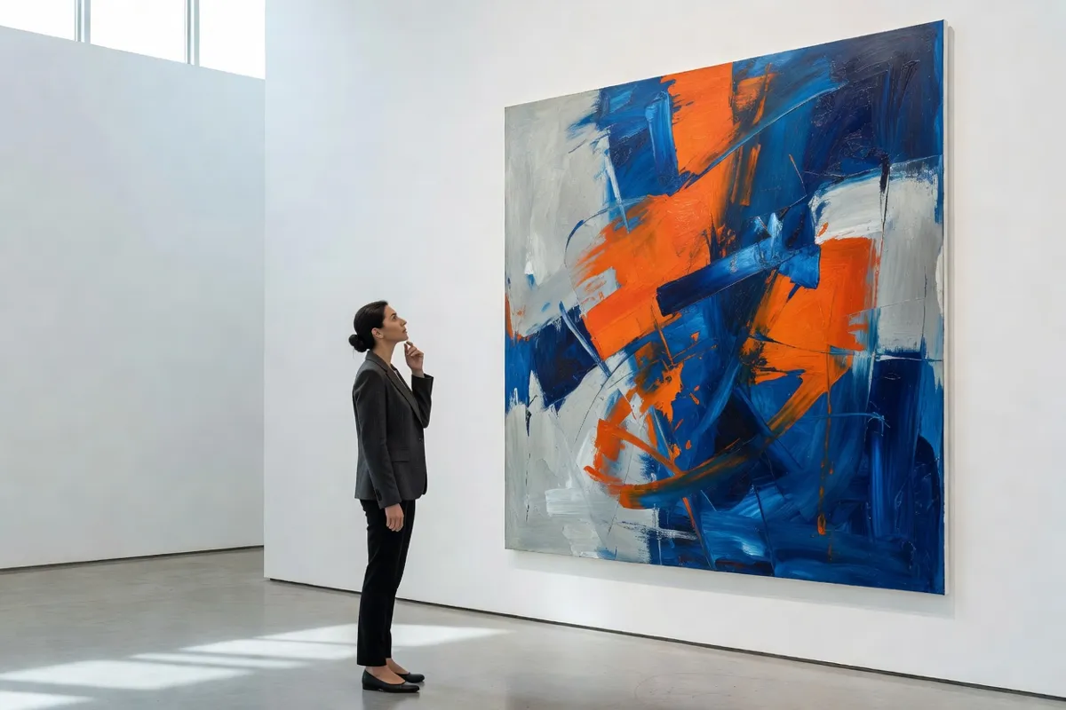 Visiteuse dans une galerie d'art contemporain devant une grande toile abstraite