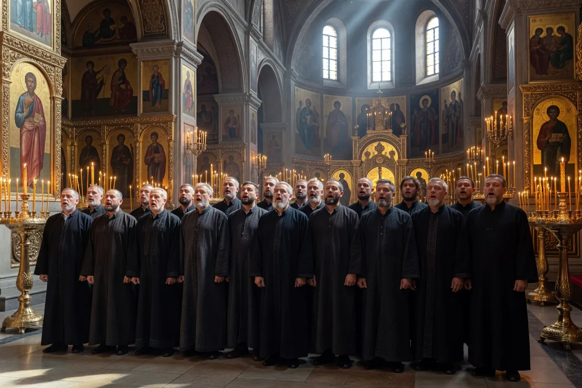 Chœur d'hommes en habits sombres chantant dans une église orthodoxe aux icônes dorées