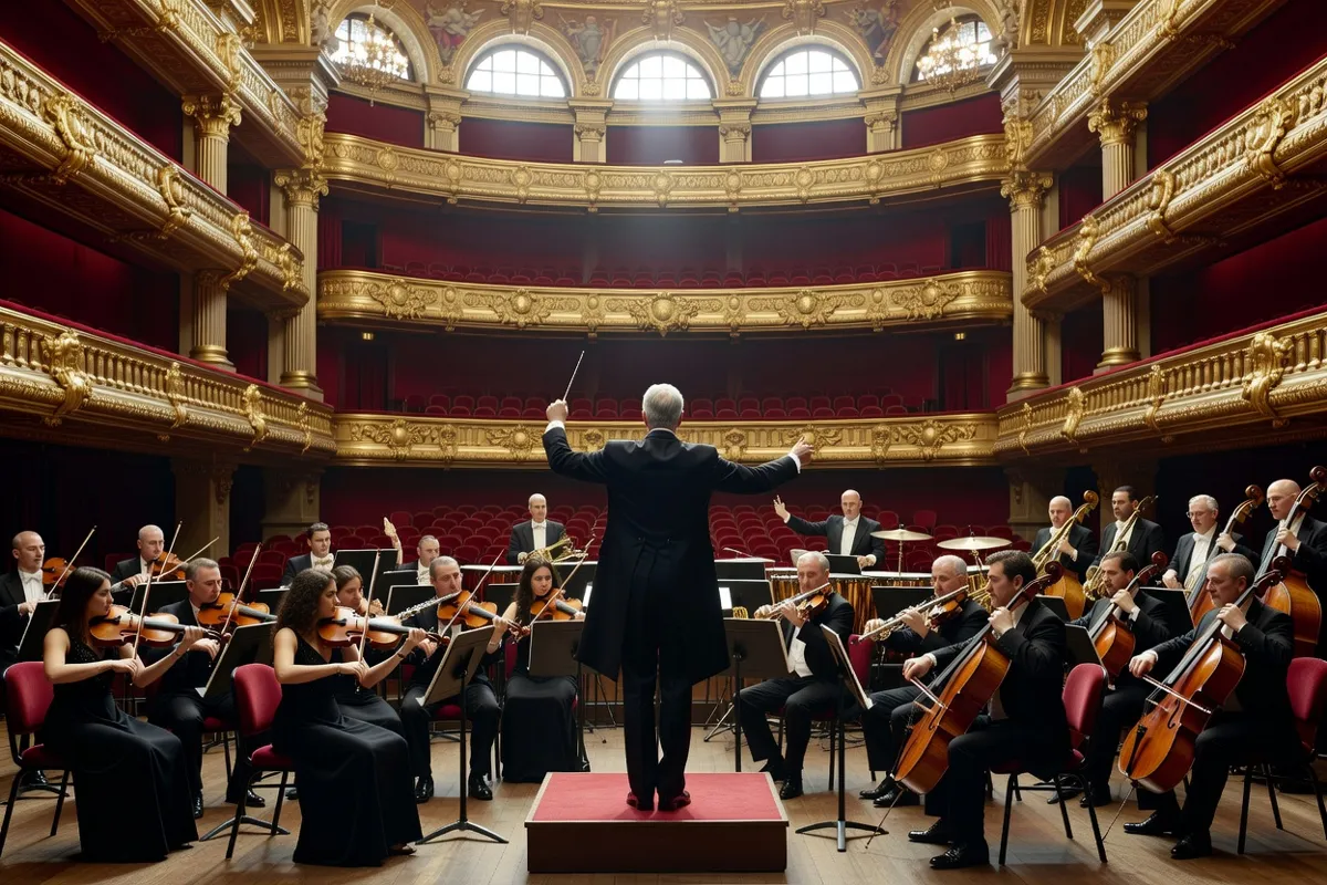 Orchestre symphonique dirigé par un chef vu de dos dans une salle de concert aux balcons dorés