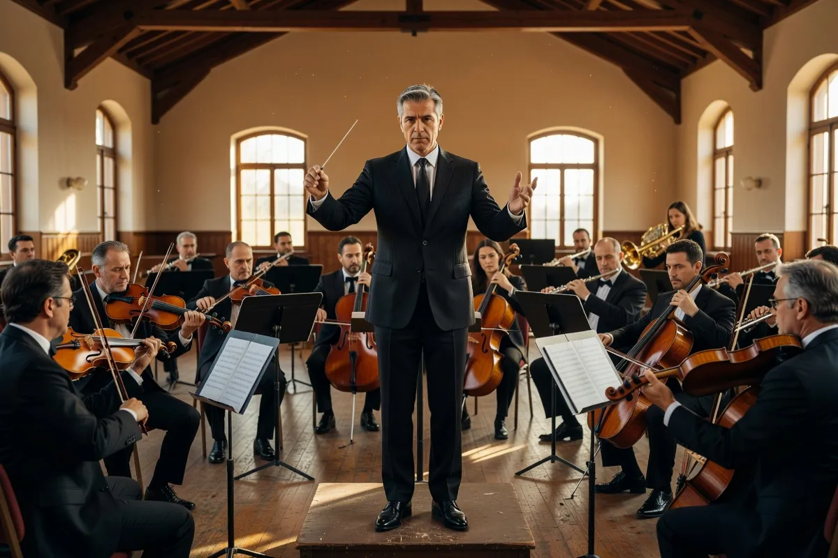 Chef d'orchestre baguette en main répétant avec son orchestre dans une salle de répétition