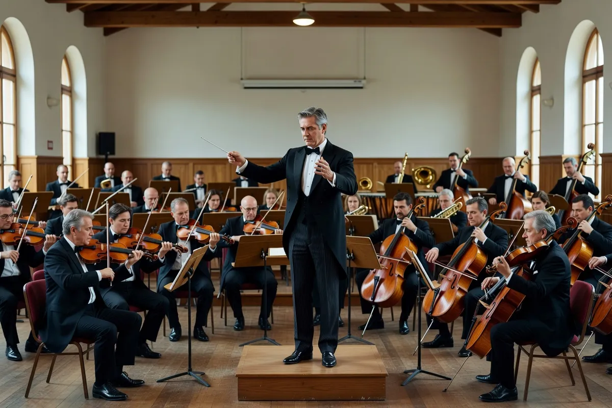 Chef d'orchestre baguette en main répétant avec son orchestre dans une salle de répétition