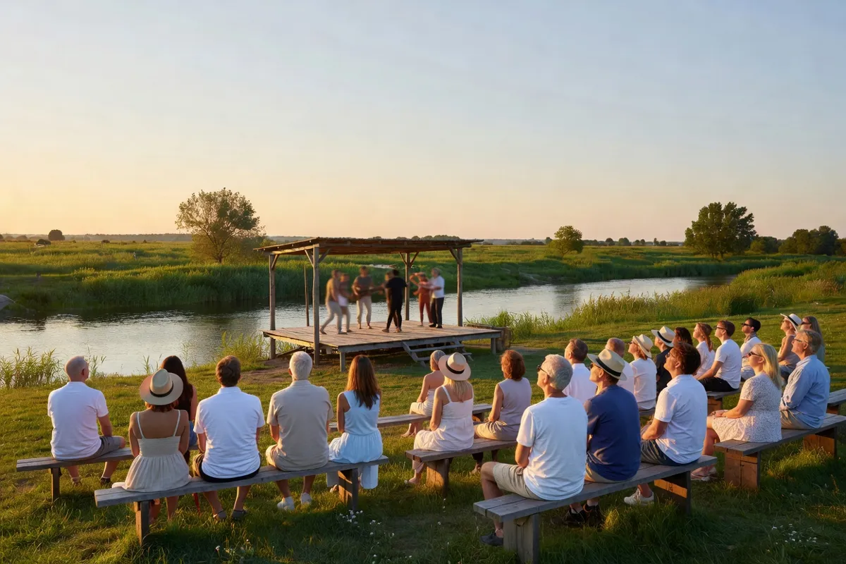 Public adulte assis sur des bancs devant une scène en plein air au bord d'une rivière