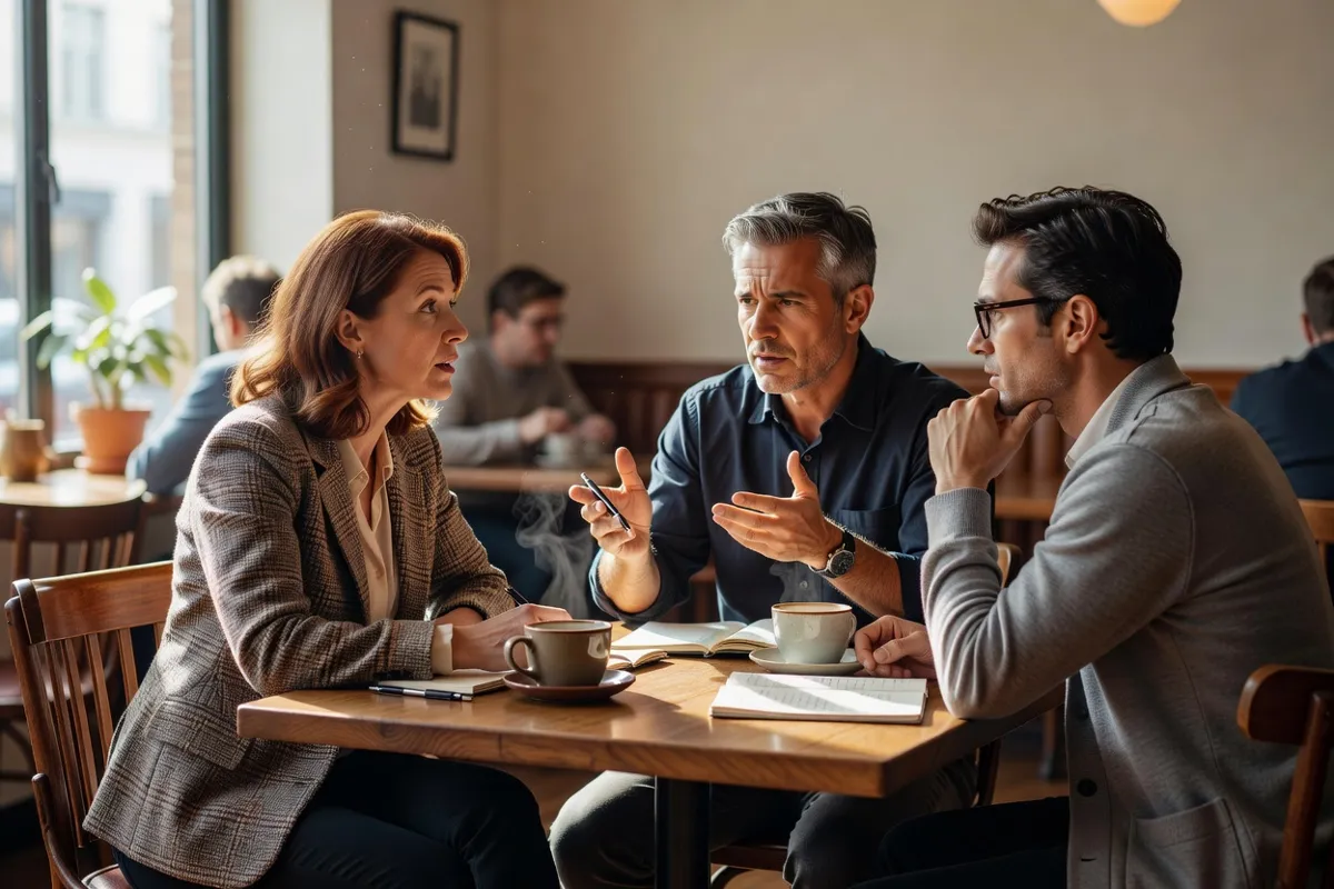 Critiques de cinéma discutant dans un café après une projection, carnets sur la table
