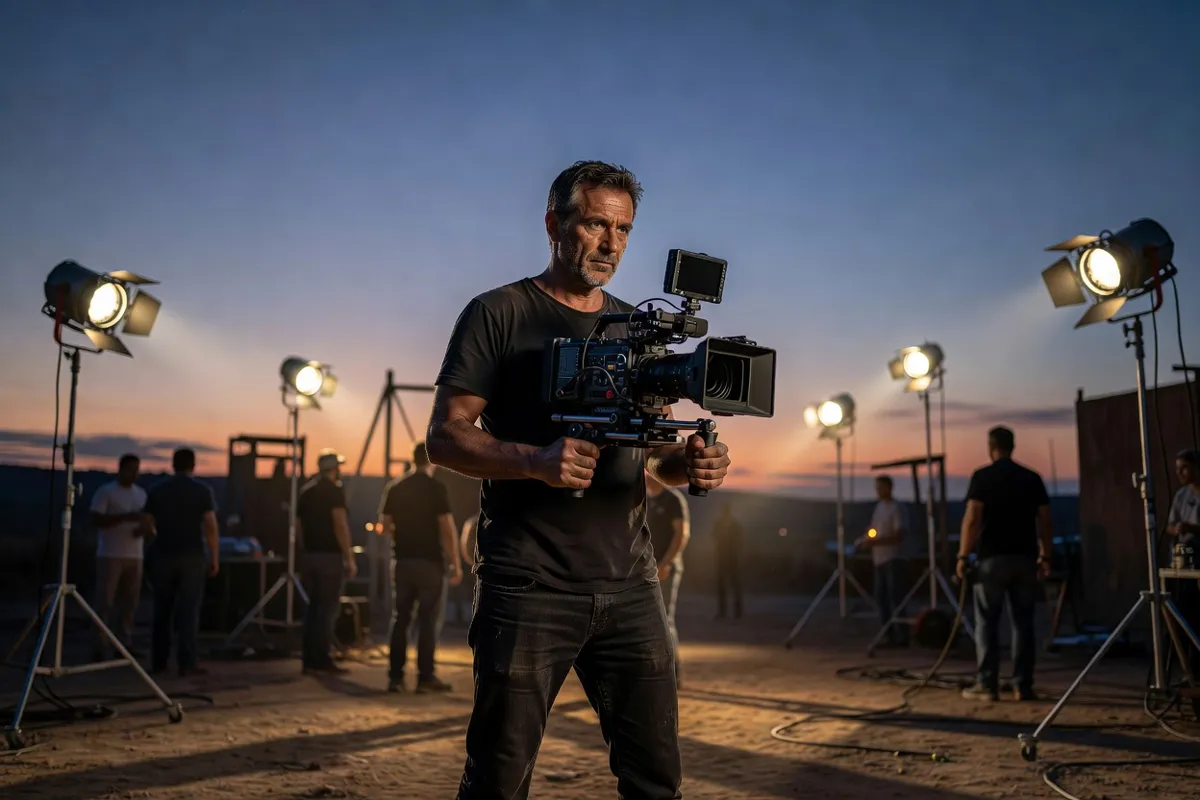 Réalisateur avec une caméra sur un plateau de tournage au crépuscule