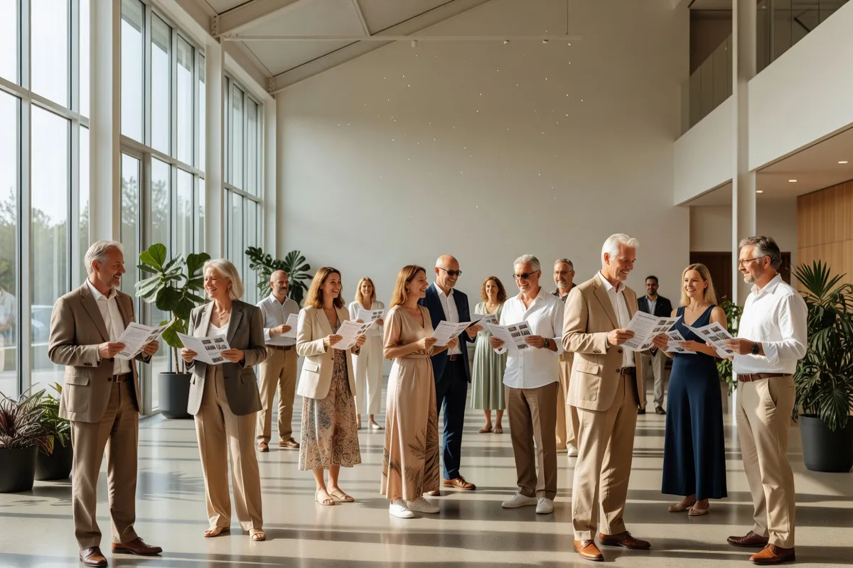 Spectateurs avec programmes réunis dans le foyer lumineux d'un centre culturel