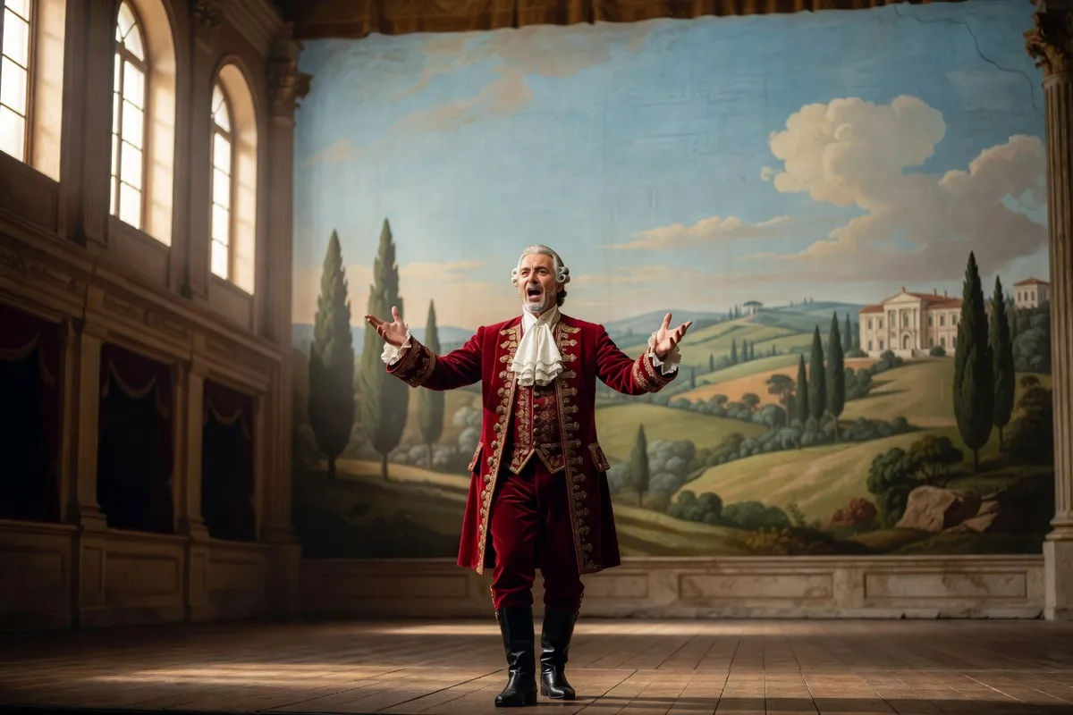 Chanteur d'opéra en costume historique sur une scène au décor peint