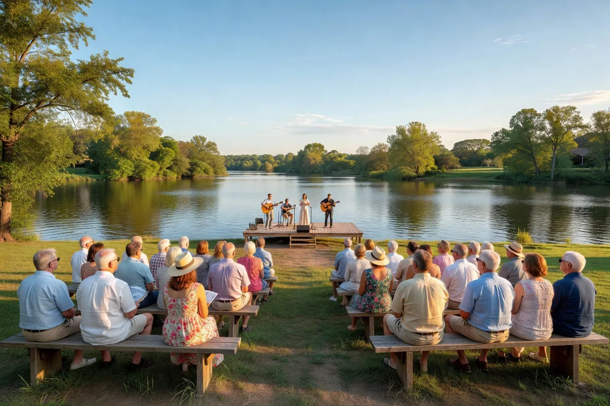 Public adulte assis sur des bancs devant une scène en plein air au bord d'une rivière
