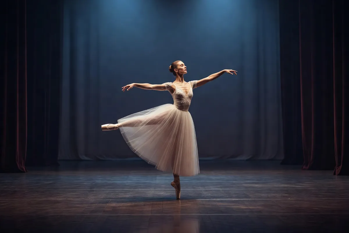 Danseuse en tutu romantique sur une scène de théâtre sous une lumière bleutée