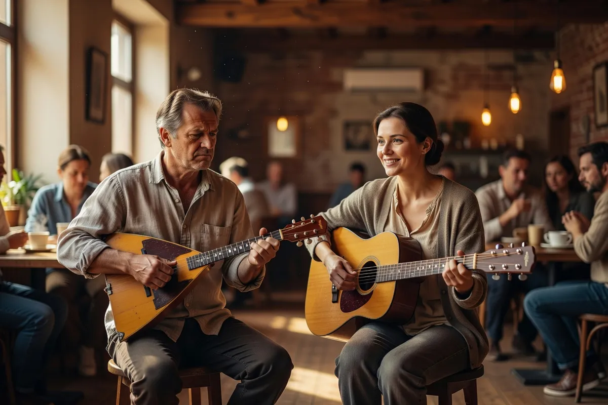 Musiciens jouant balalaïka et guitare dans un café-concert chaleureux