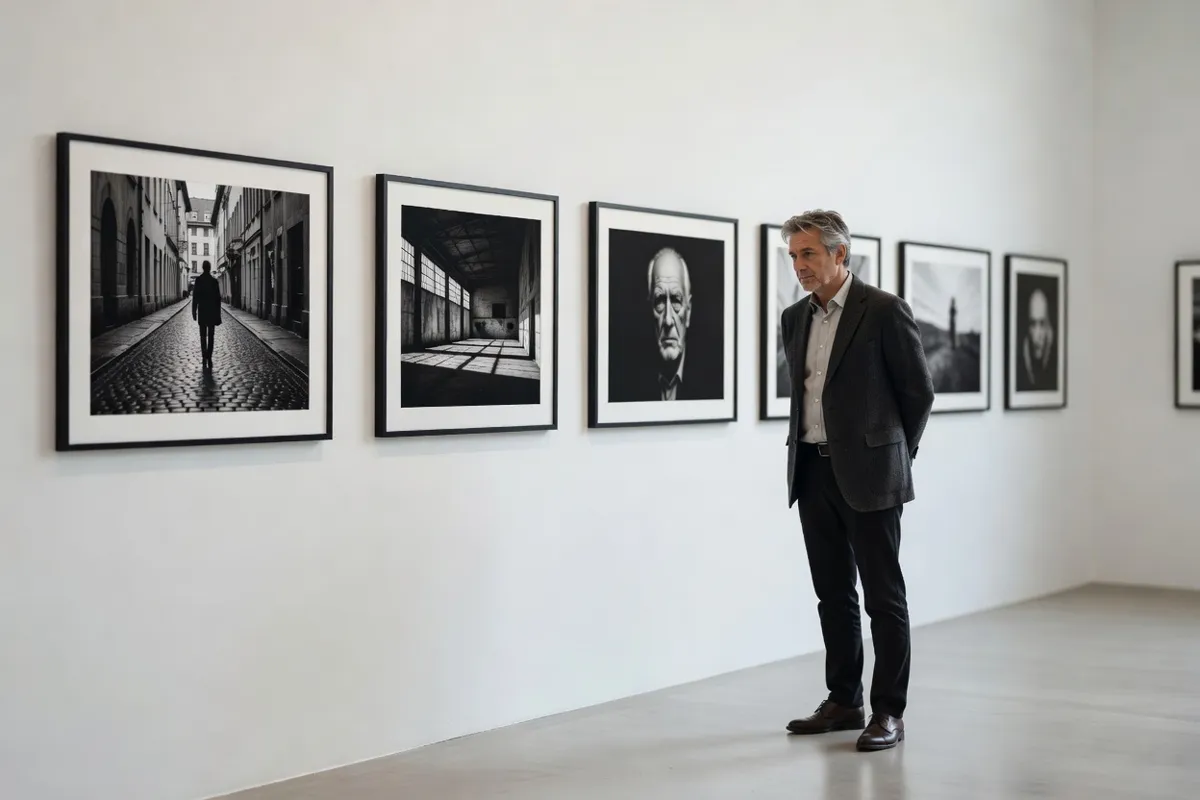 Visiteur devant des photographies noir et blanc encadrées dans une salle d'exposition calme