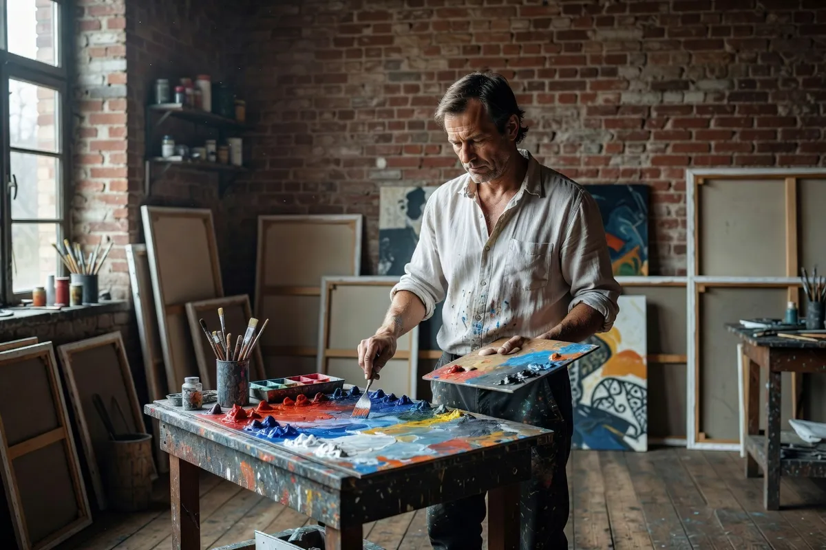 Peintre mélangeant des couleurs sur sa palette dans un atelier rustique éclairé au nord