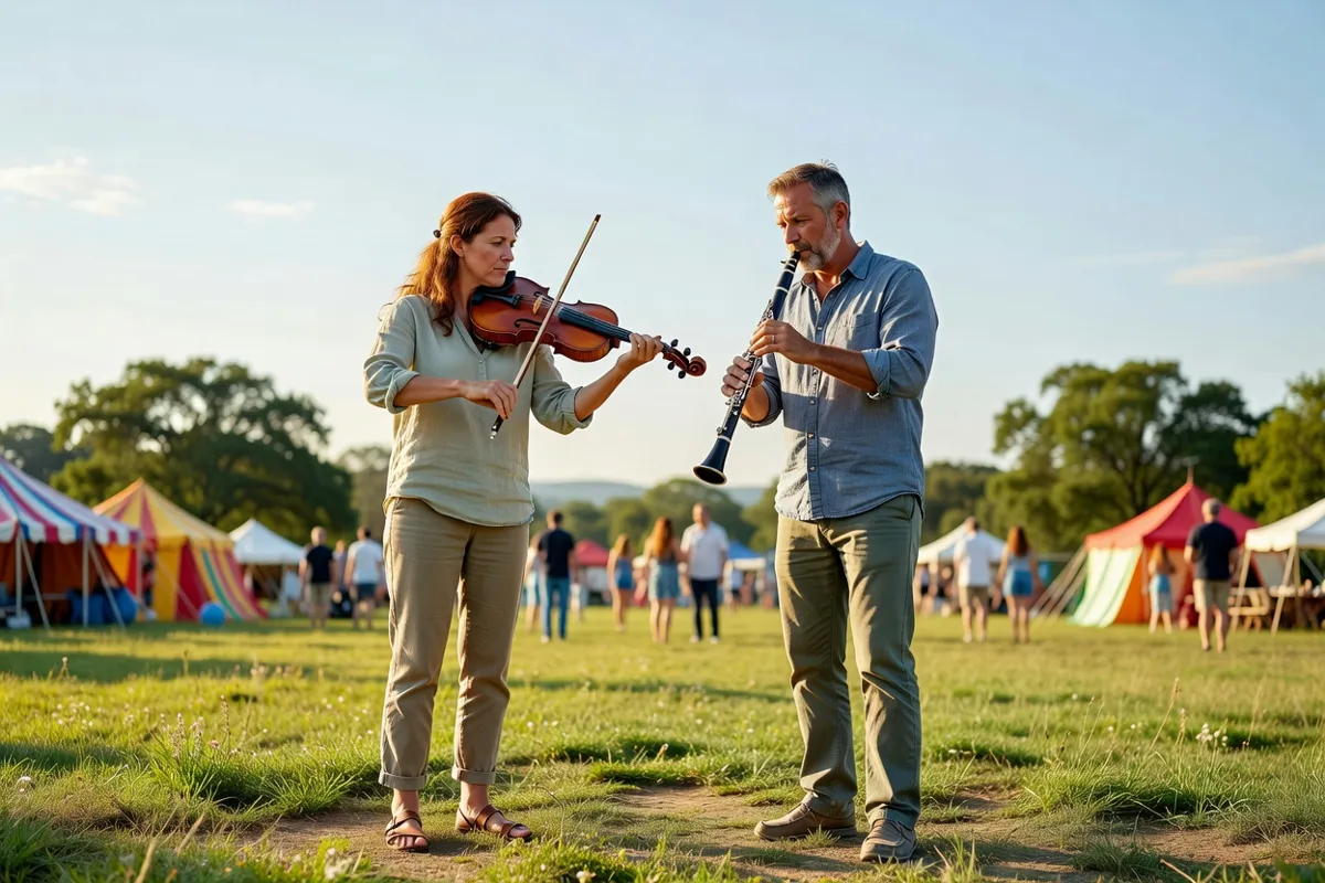 Musiciens jouant violon et clarinette lors d'un festival d'été en plein air