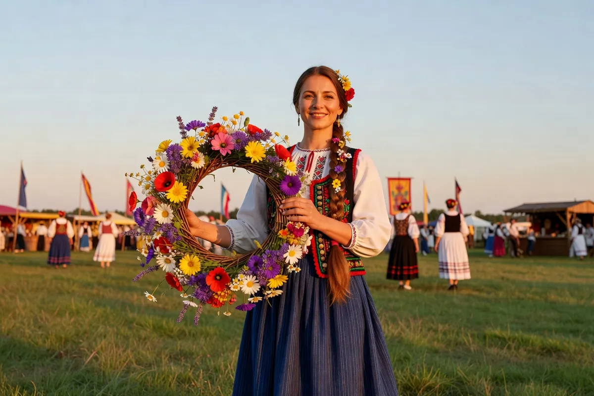 Femme en costume folklorique tenant une couronne de fleurs lors d'un festival d'été