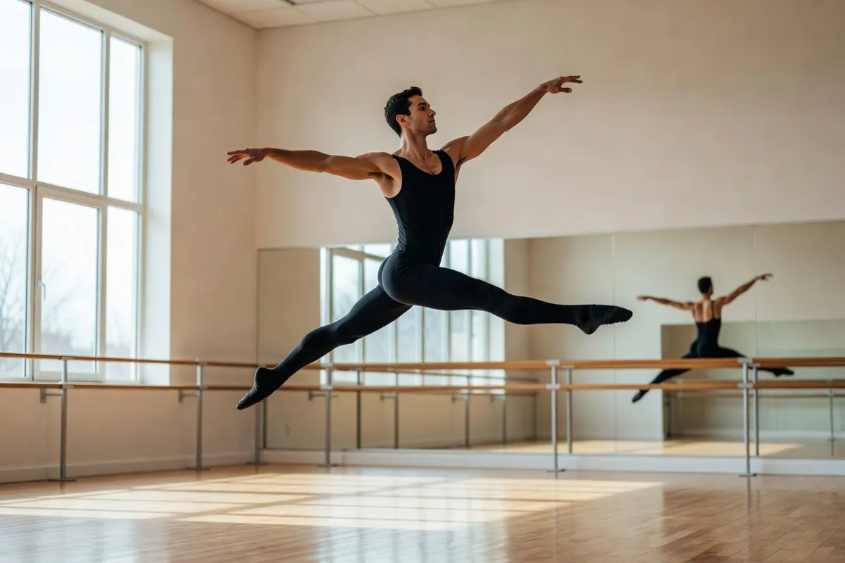 Danseur de ballet en plein saut dans un studio de répétition lumineux