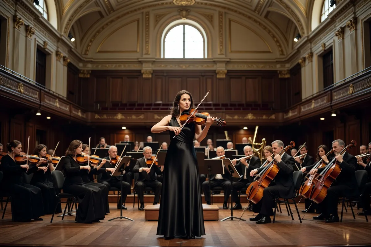 Violoniste soliste debout face à un orchestre dans une salle de concert