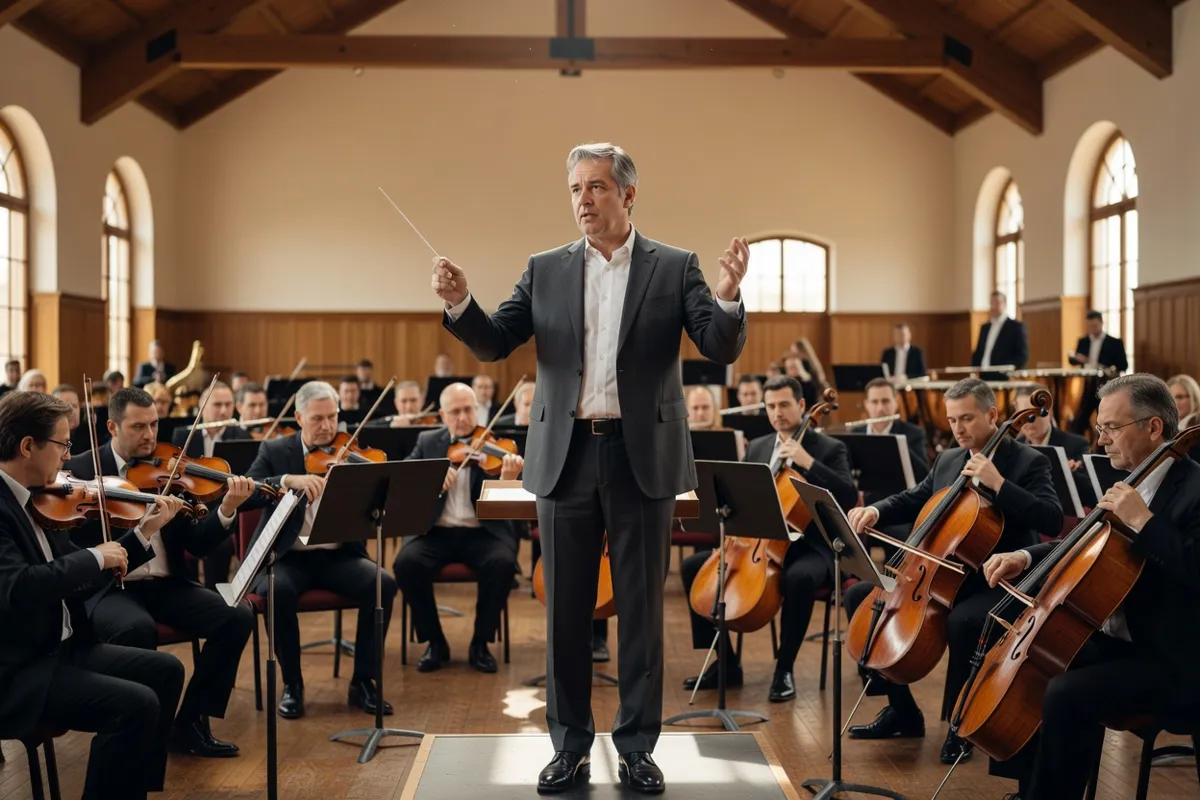 Chef d'orchestre baguette en main répétant avec son orchestre dans une salle de répétition
