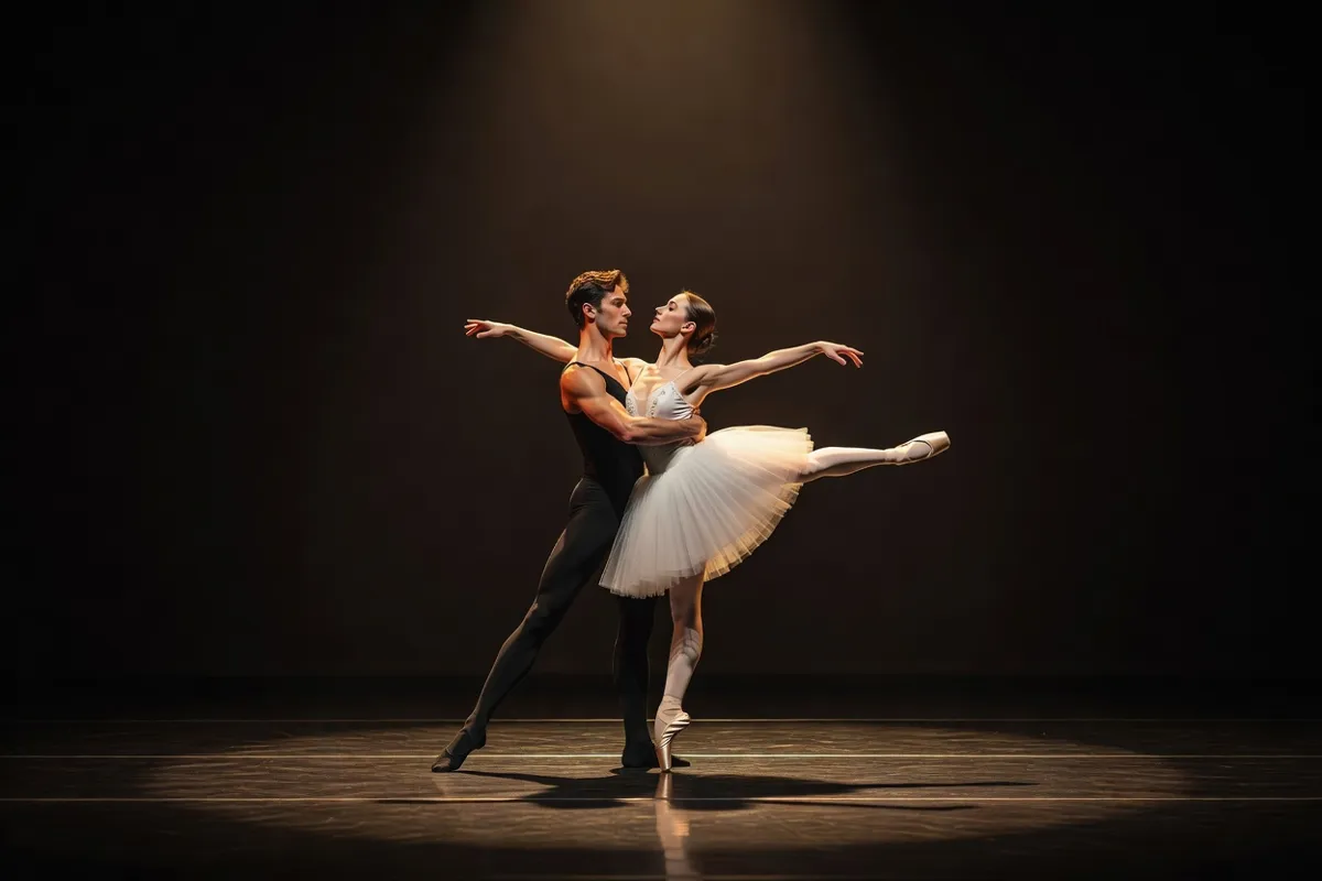 Couple de danseurs exécutant un pas de deux sous un projecteur chaud
