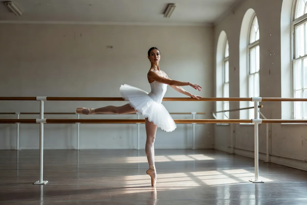 Danseuse en tutu blanc répétant à la barre dans un studio lumineux