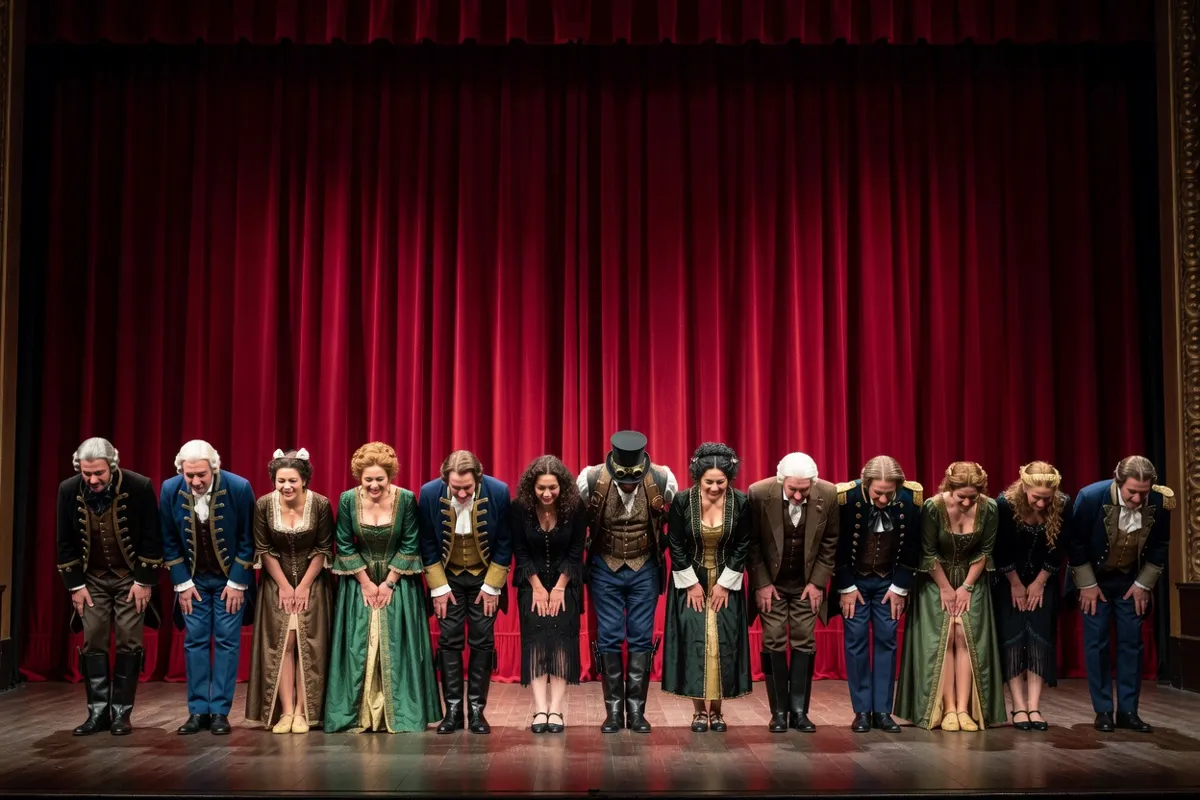 Comédiens en costumes saluant devant un rideau rouge sur une scène de théâtre