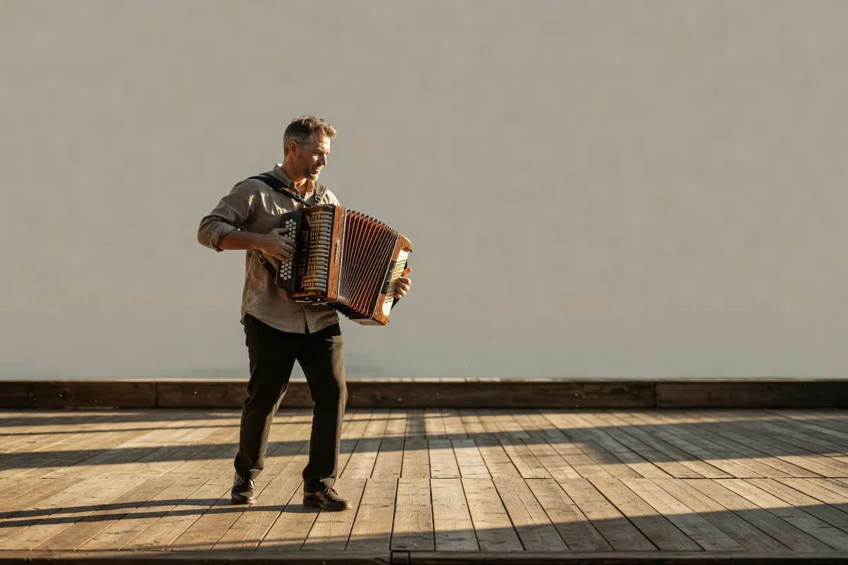 Accordéoniste jouant du bayan sur une scène de bois