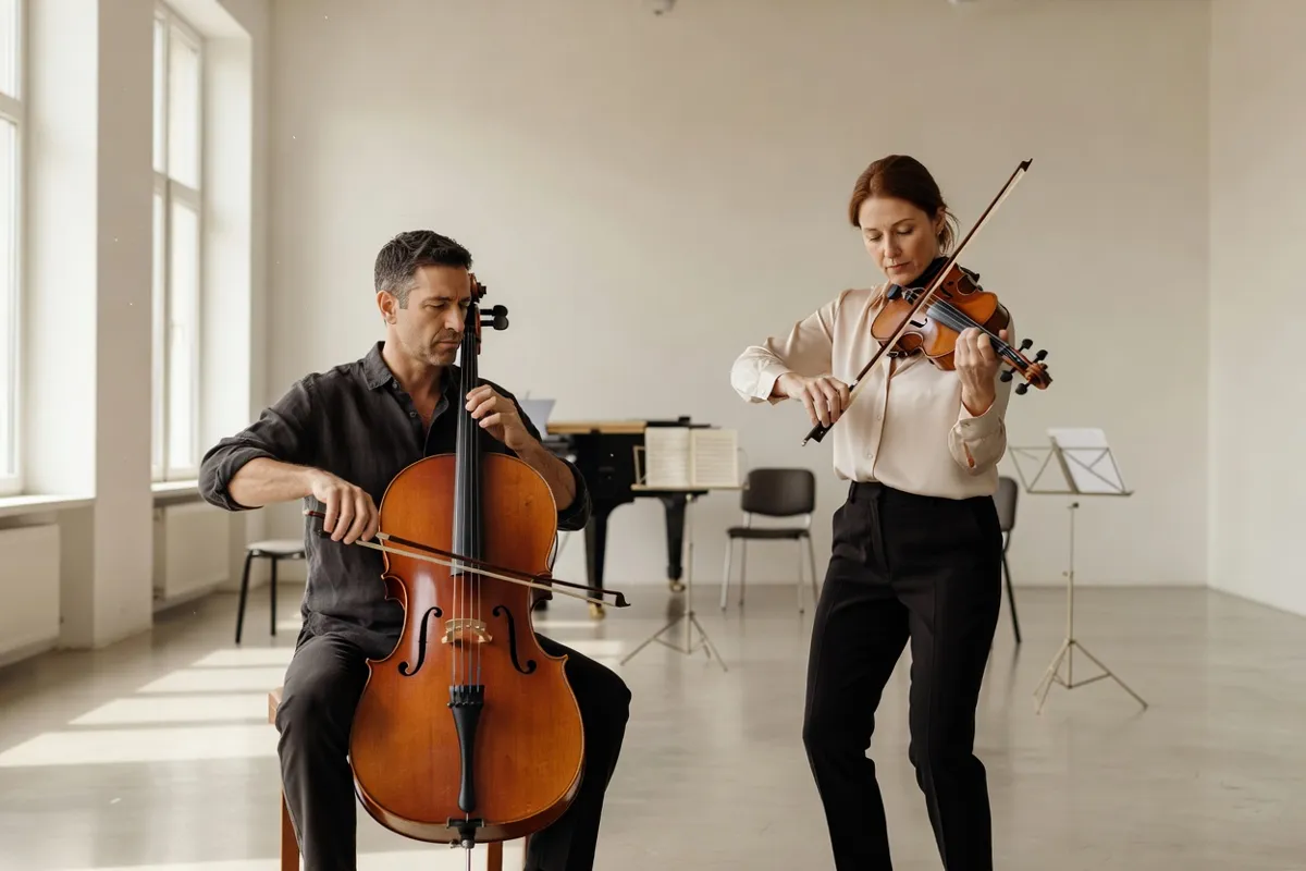 Violoncelliste et violoniste en répétition dans un studio lumineux