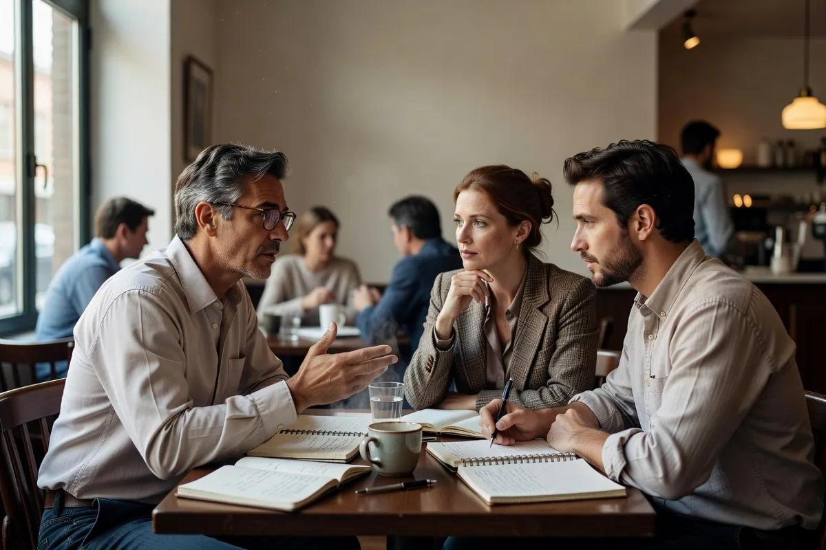 Critiques de cinéma discutant dans un café après une projection, carnets sur la table