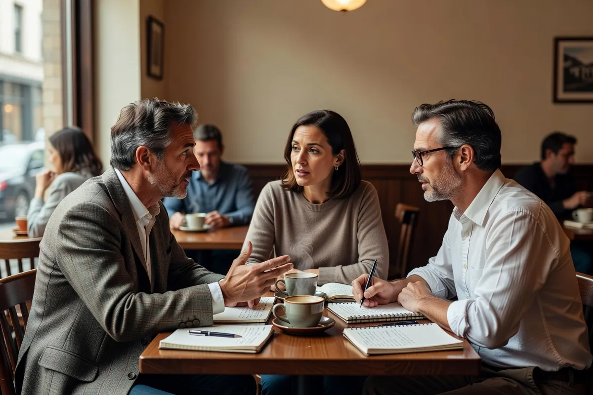 Critiques de cinéma discutant dans un café après une projection, carnets sur la table