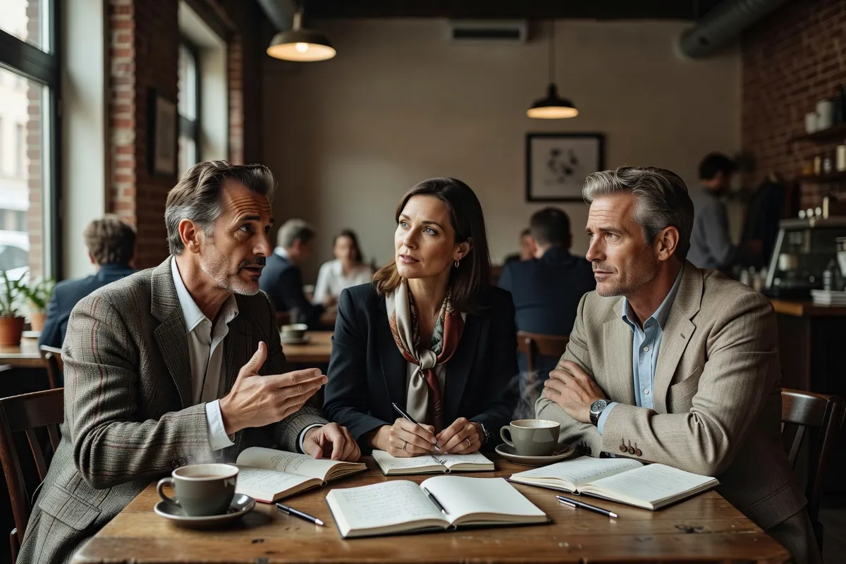 Critiques de cinéma discutant dans un café après une projection, carnets sur la table