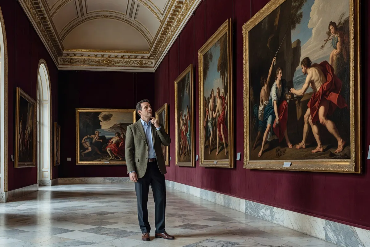Visiteur devant de grands tableaux encadrés dans une galerie de musée classique
