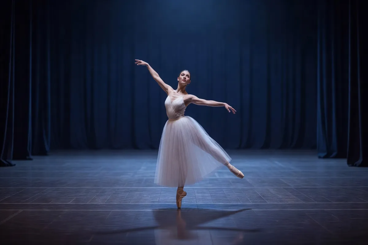 Danseuse en tutu romantique sur une scène de théâtre sous une lumière bleutée