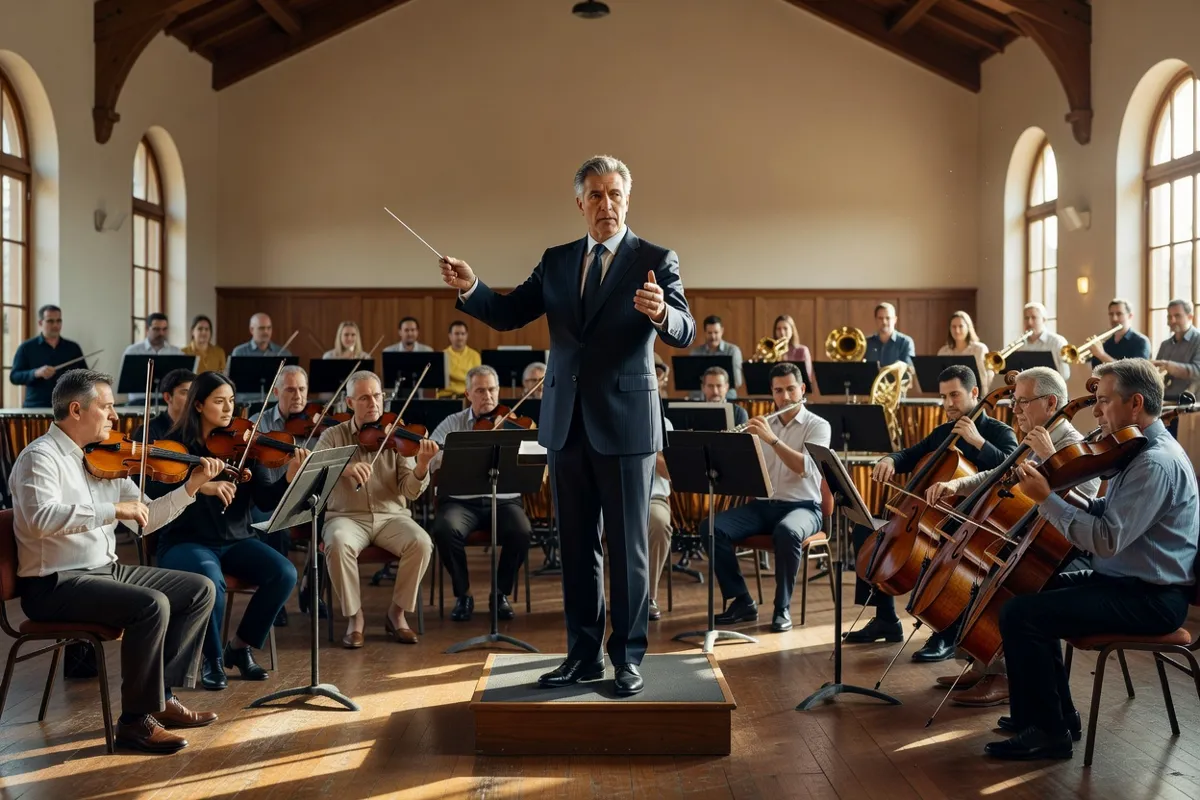 Chef d'orchestre baguette en main répétant avec son orchestre dans une salle de répétition