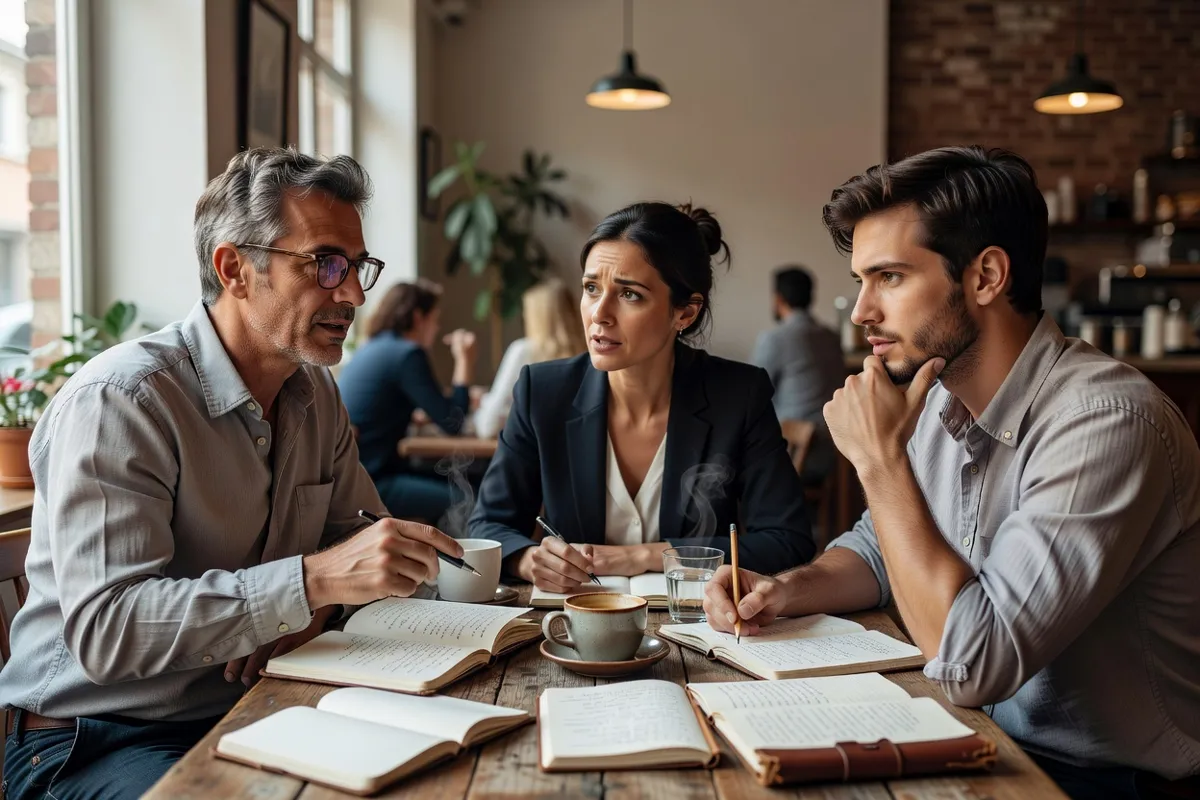 Critiques de cinéma discutant dans un café après une projection, carnets sur la table