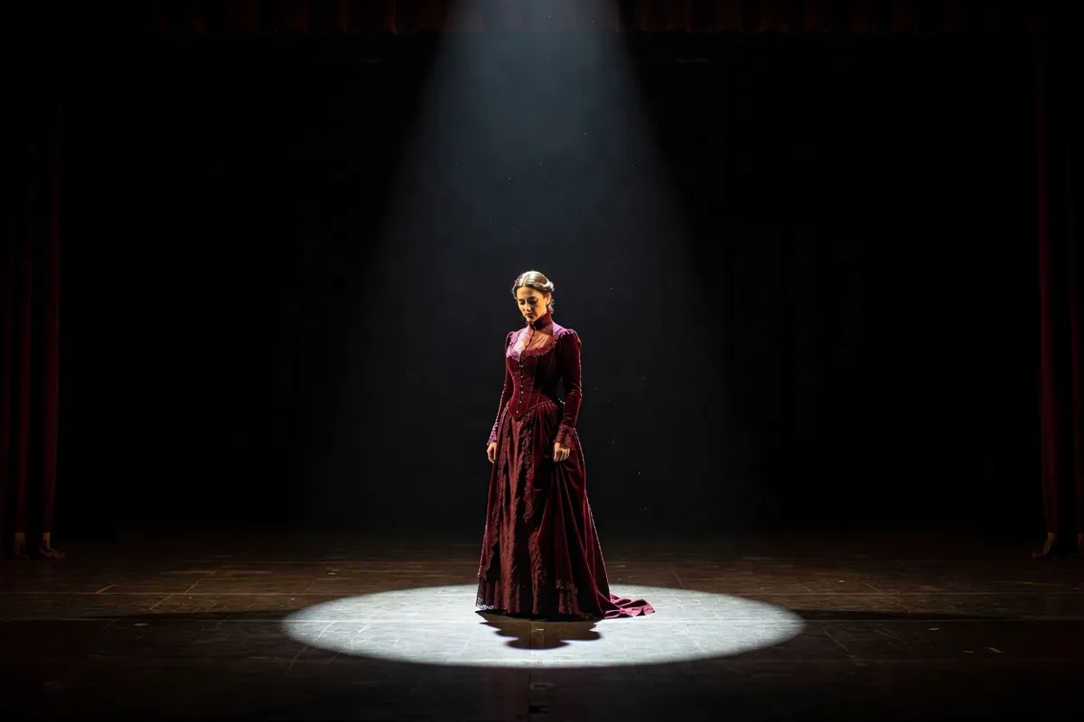 Comédienne en robe d'époque seule sur une scène sombre sous un projecteur