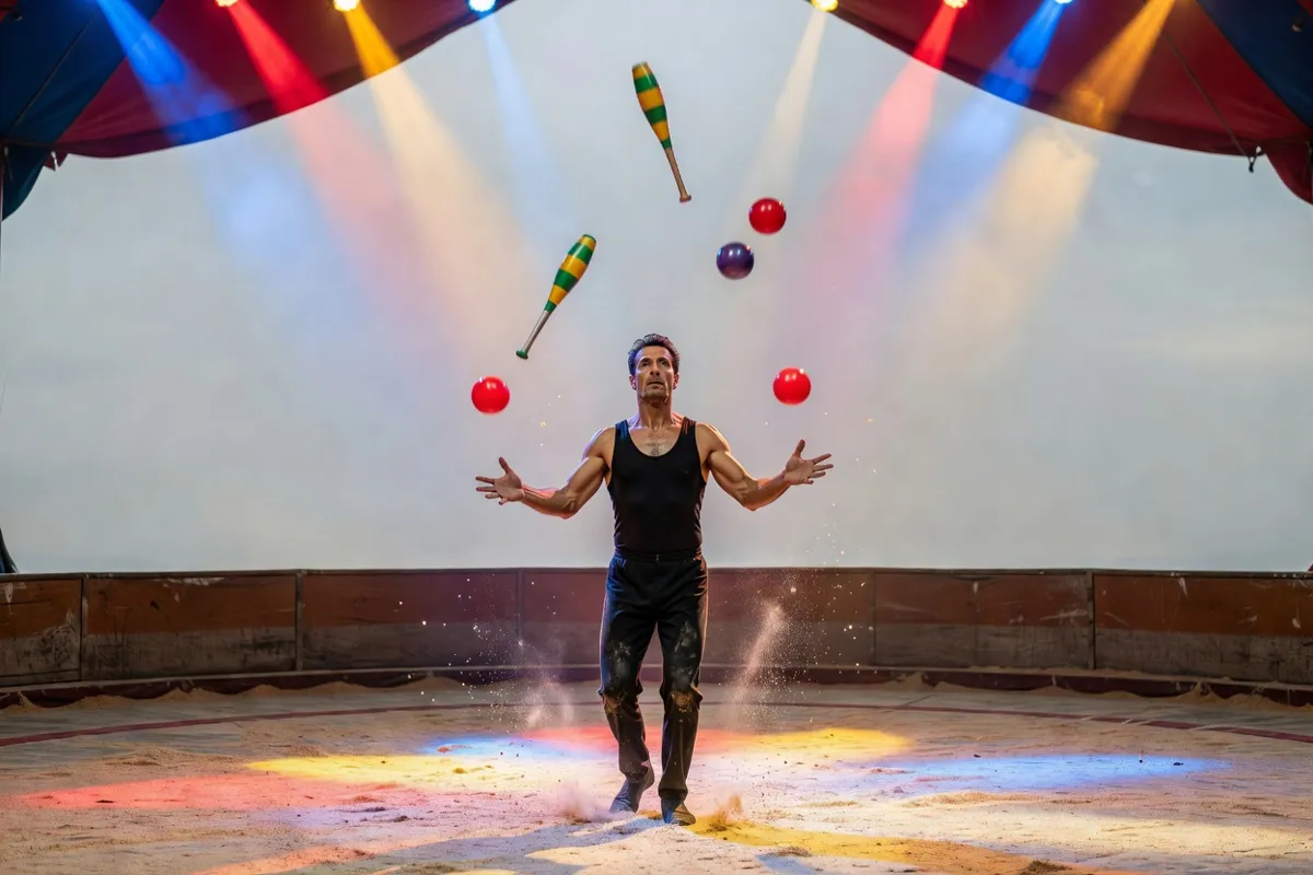 Jongleur sur la piste d'un cirque aux lumières colorées
