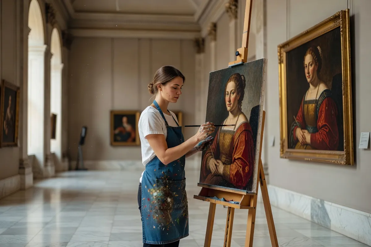 Étudiante en art copiant un tableau dans un musée devant son chevalet