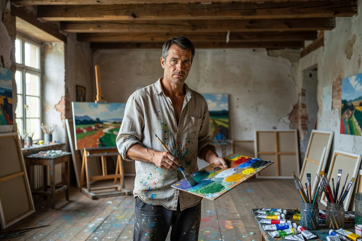 Peintre mélangeant des couleurs sur sa palette dans un atelier rustique éclairé au nord
