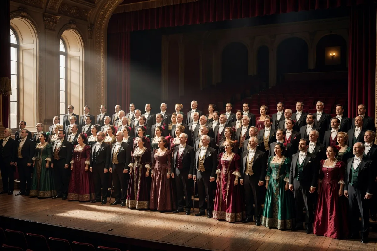 Chœur d'opéra en costumes d'époque sur une grande scène éclairée de façon dramatique