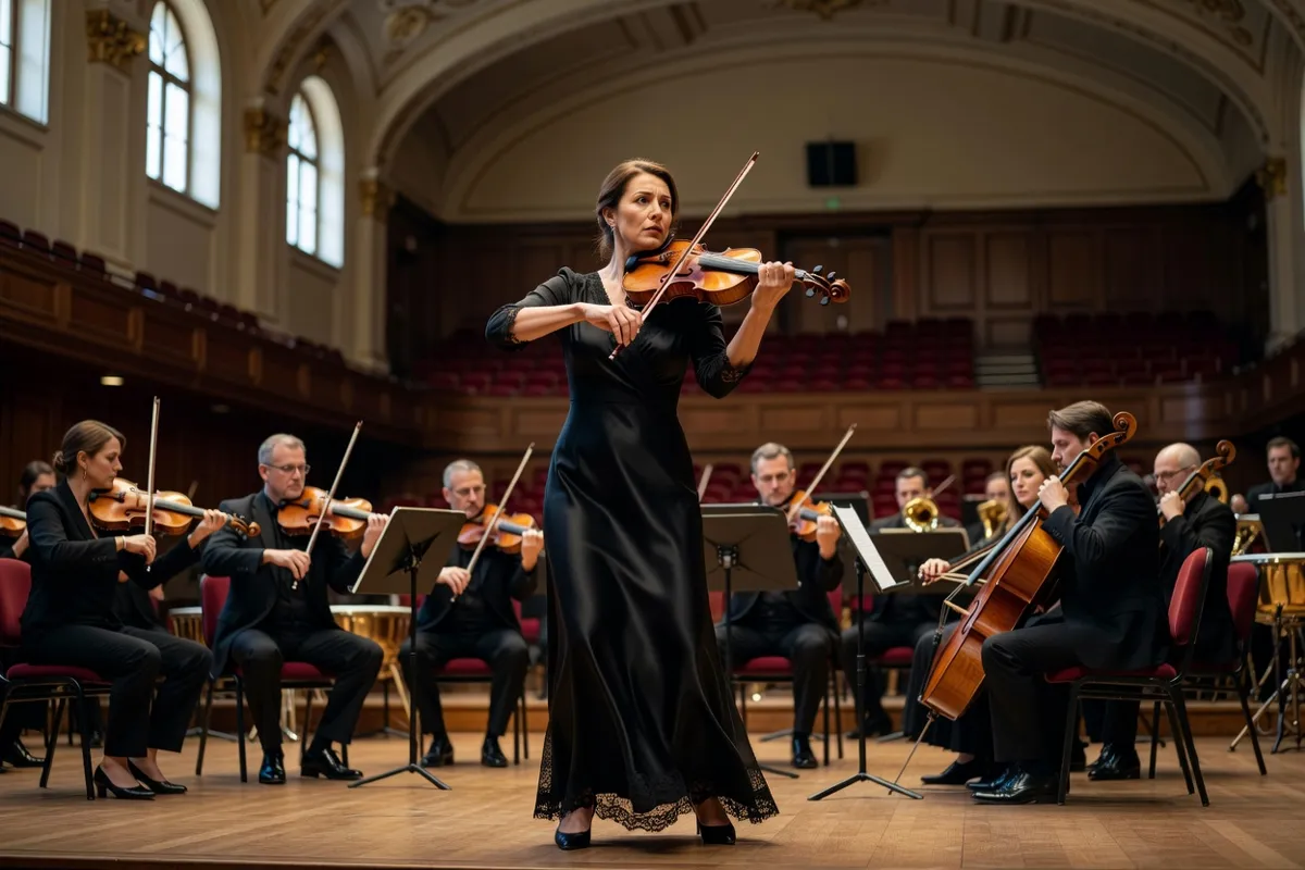 Violoniste soliste debout face à un orchestre dans une salle de concert