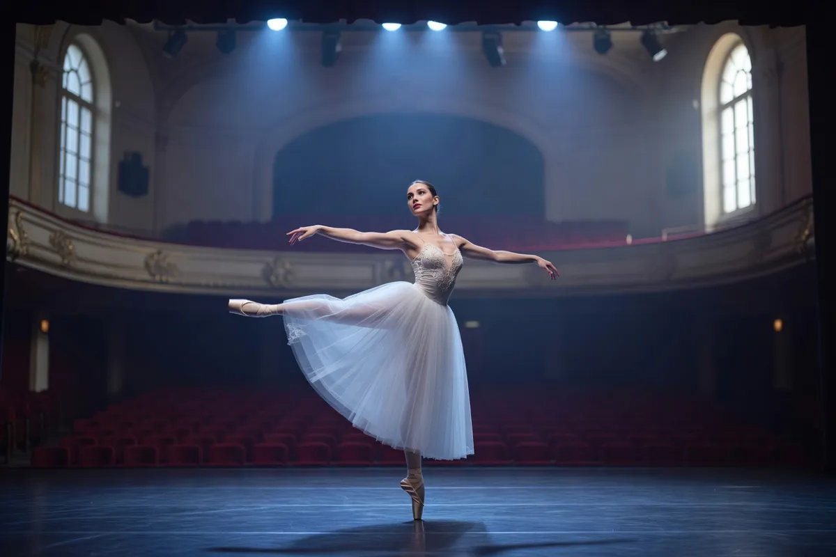 Danseuse en tutu romantique sur une scène de théâtre sous une lumière bleutée