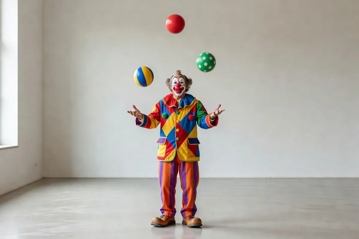 Clown en costume coloré jonglant dans une salle simple