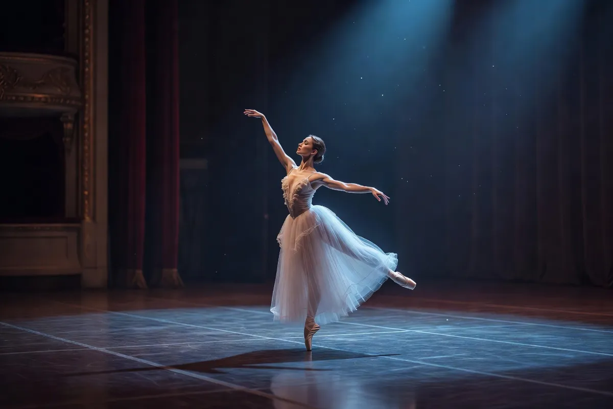 Danseuse en tutu romantique sur une scène de théâtre sous une lumière bleutée